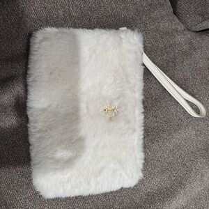 Faux Fur Wristlet Clutch in Off-White with Gold Accent